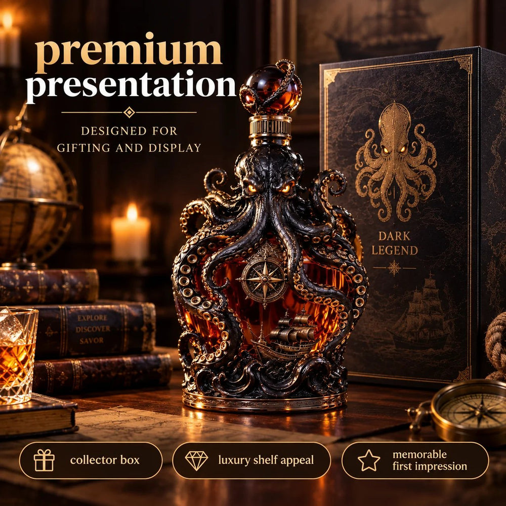 Dark Legend Kraken collector box displayed with the decanter