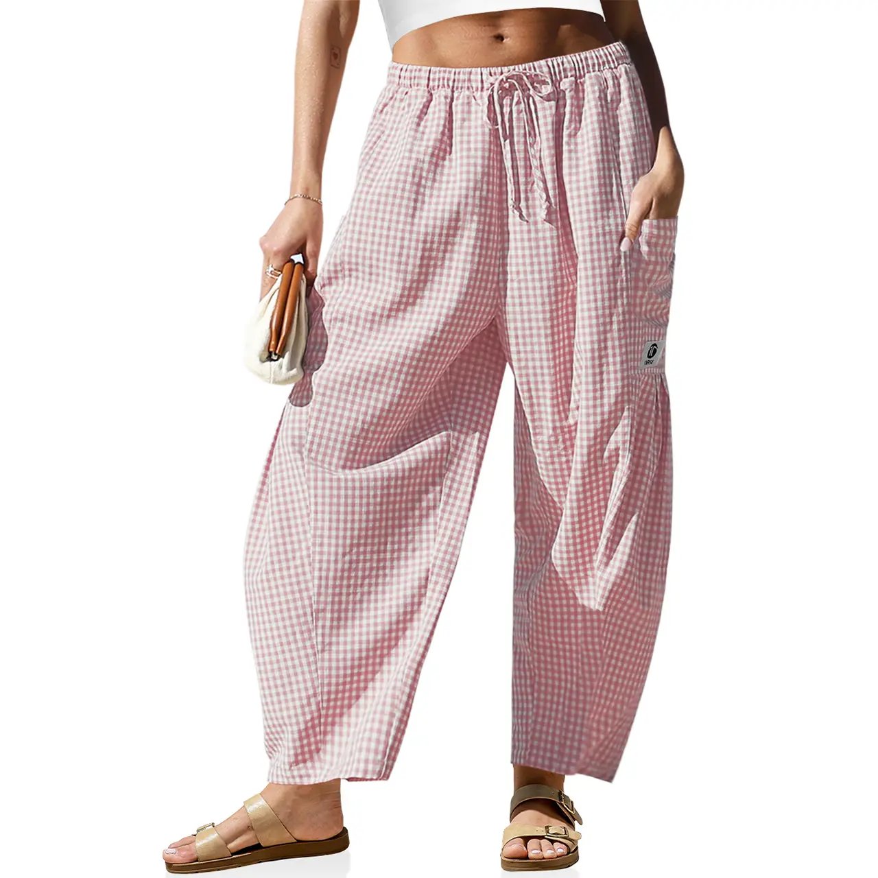 [SS26 Collection]TARSE Womens Wide Leg Gingham Striped Plaid Pants Casual Barrel Loose Drawstring Low Waist Palazzo Harem Pants with Pockets