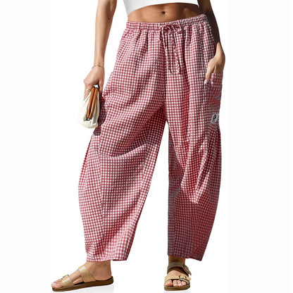 [SS26 Collection]TARSE Womens Wide Leg Gingham Striped Plaid Pants Casual Barrel Loose Drawstring Low Waist Palazzo Harem Pants with Pockets