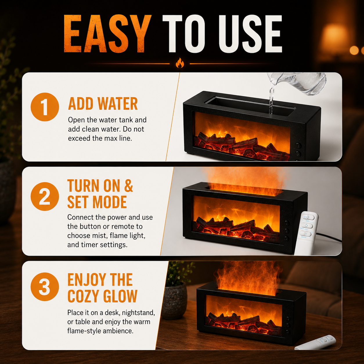 🔥Dance with Flames. Sleep in Serenity— Fireplace Flame Humidifier 🌙