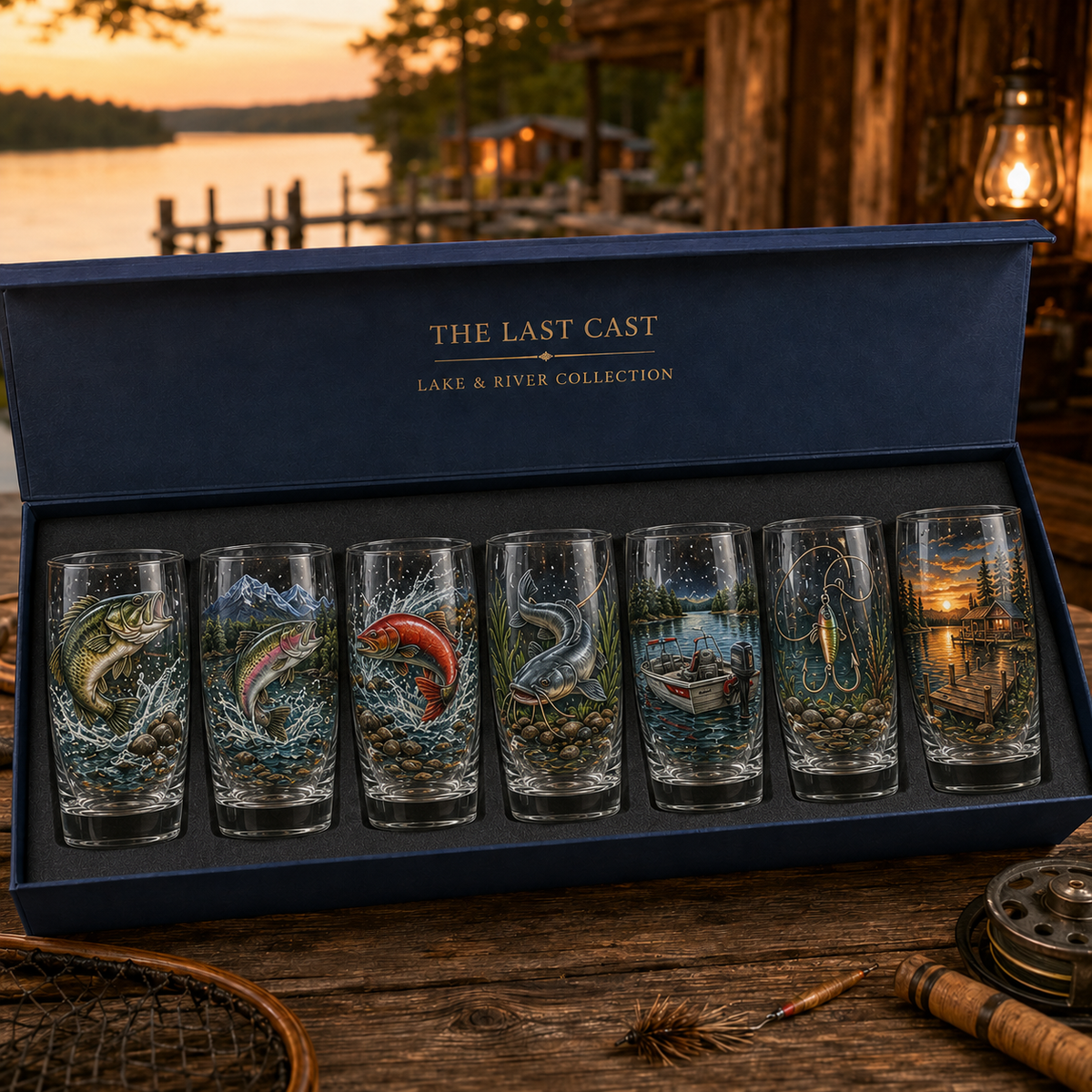 Complete seven-glass fishing collection in its fitted presentation box