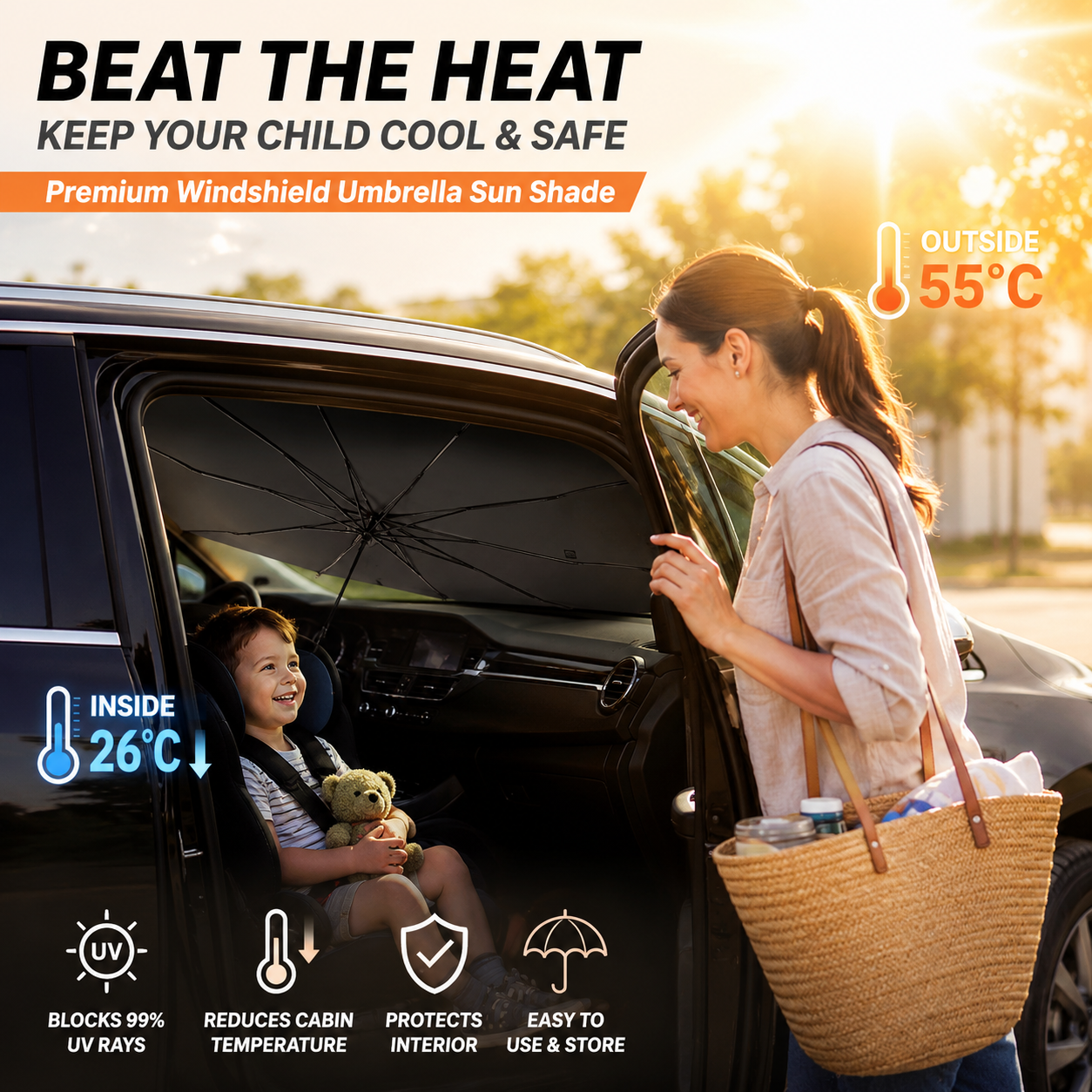 🔥Premium Titanium Silver Car Windshield Sun Shade Umbrella – Blocks Heat & Harsh Sunlight