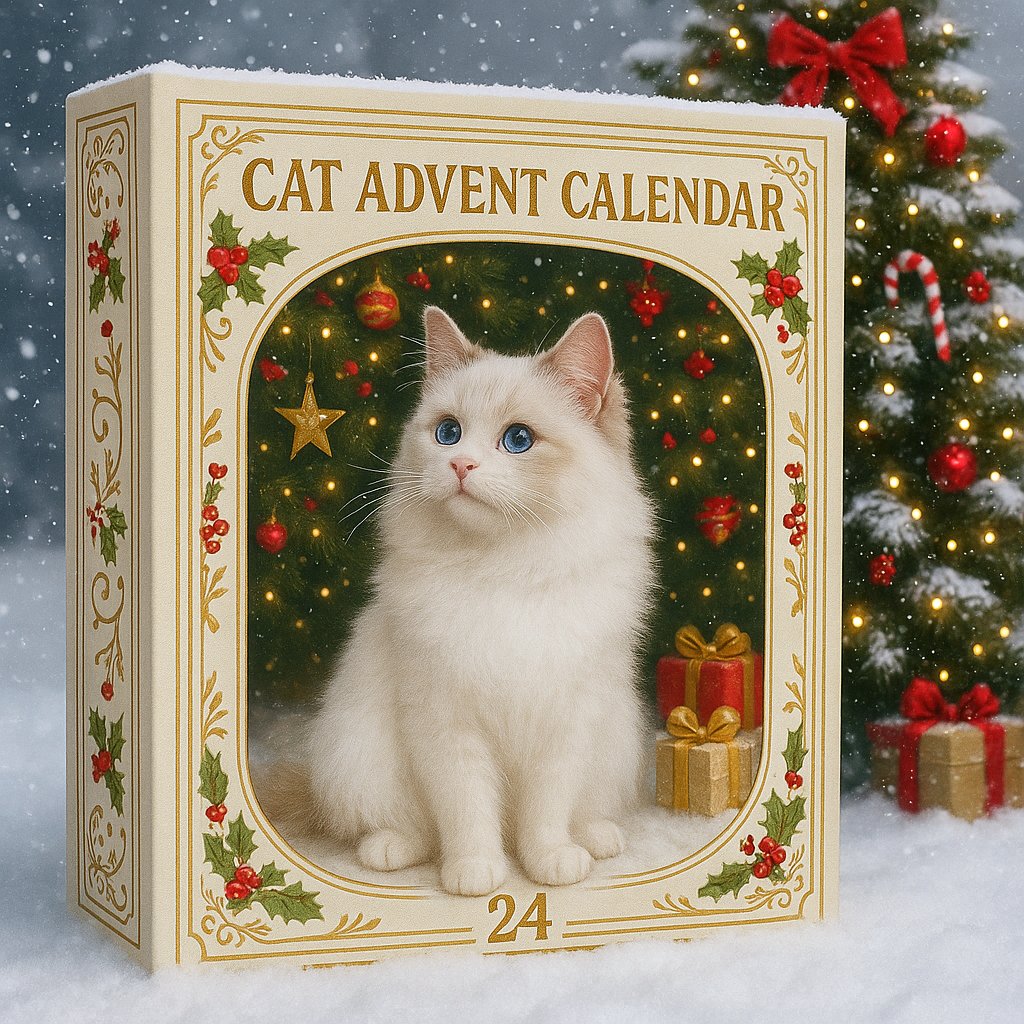 Cat Advent Calendar box in a snowy Christmas setting