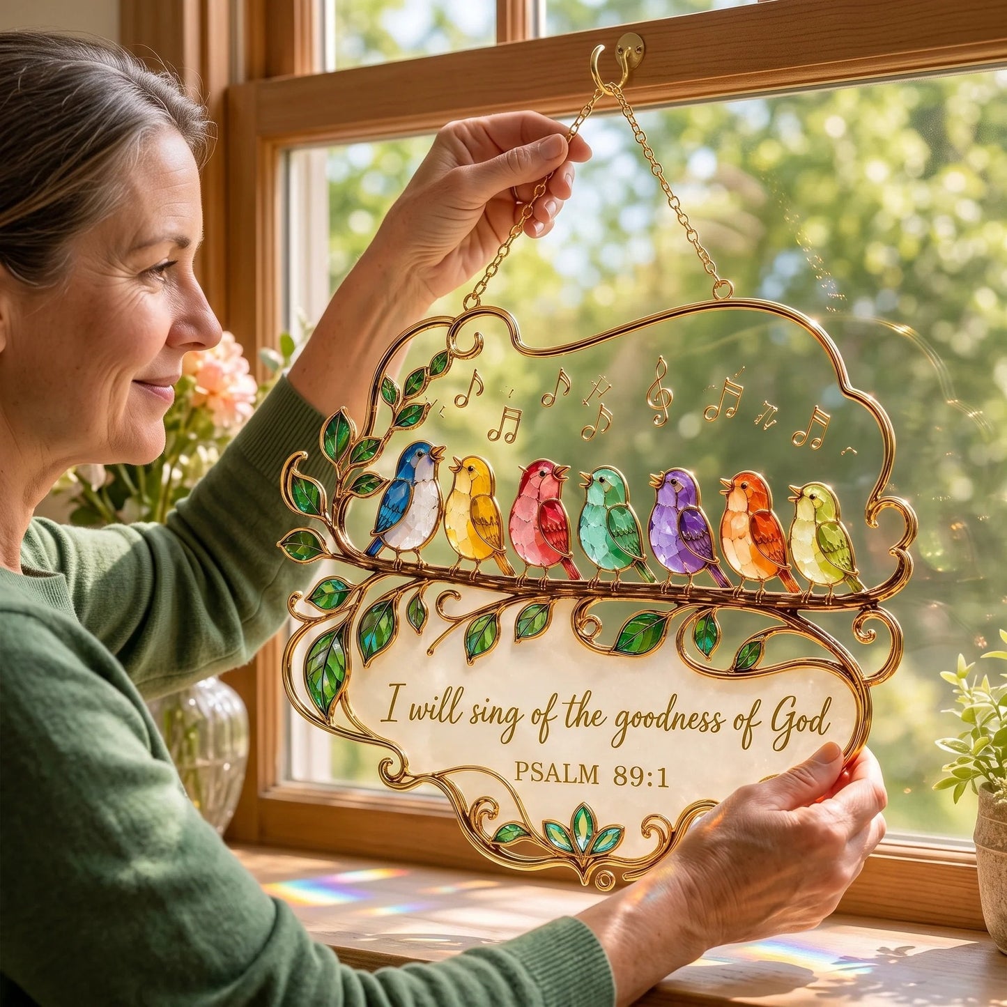🎵 Psalm 89:1 Songbird Window Suncatcher | Faith Decor with Colorful Birds & Scripture 🕊️✨