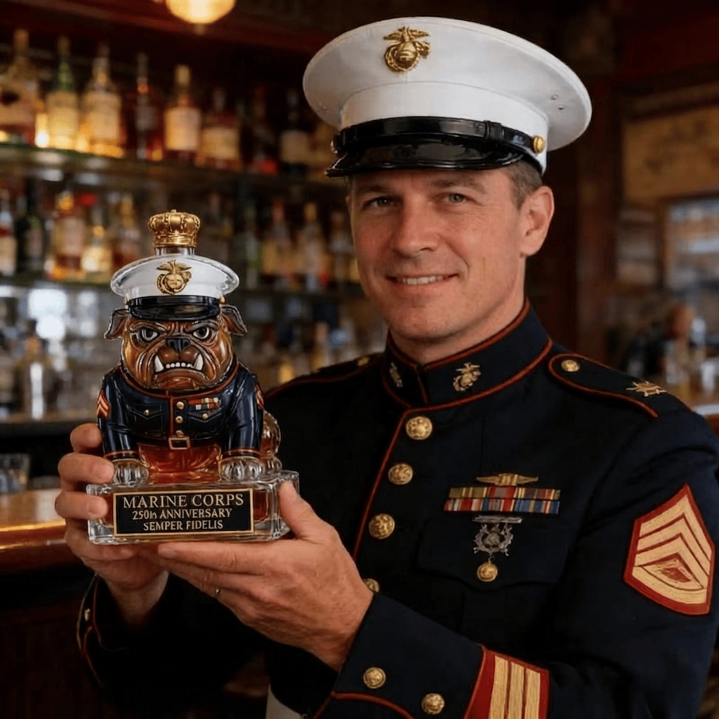 🔥 250 Years of Honor – Marine Devil Dog Commemorative Whiskey Decanter 🐶🎖️