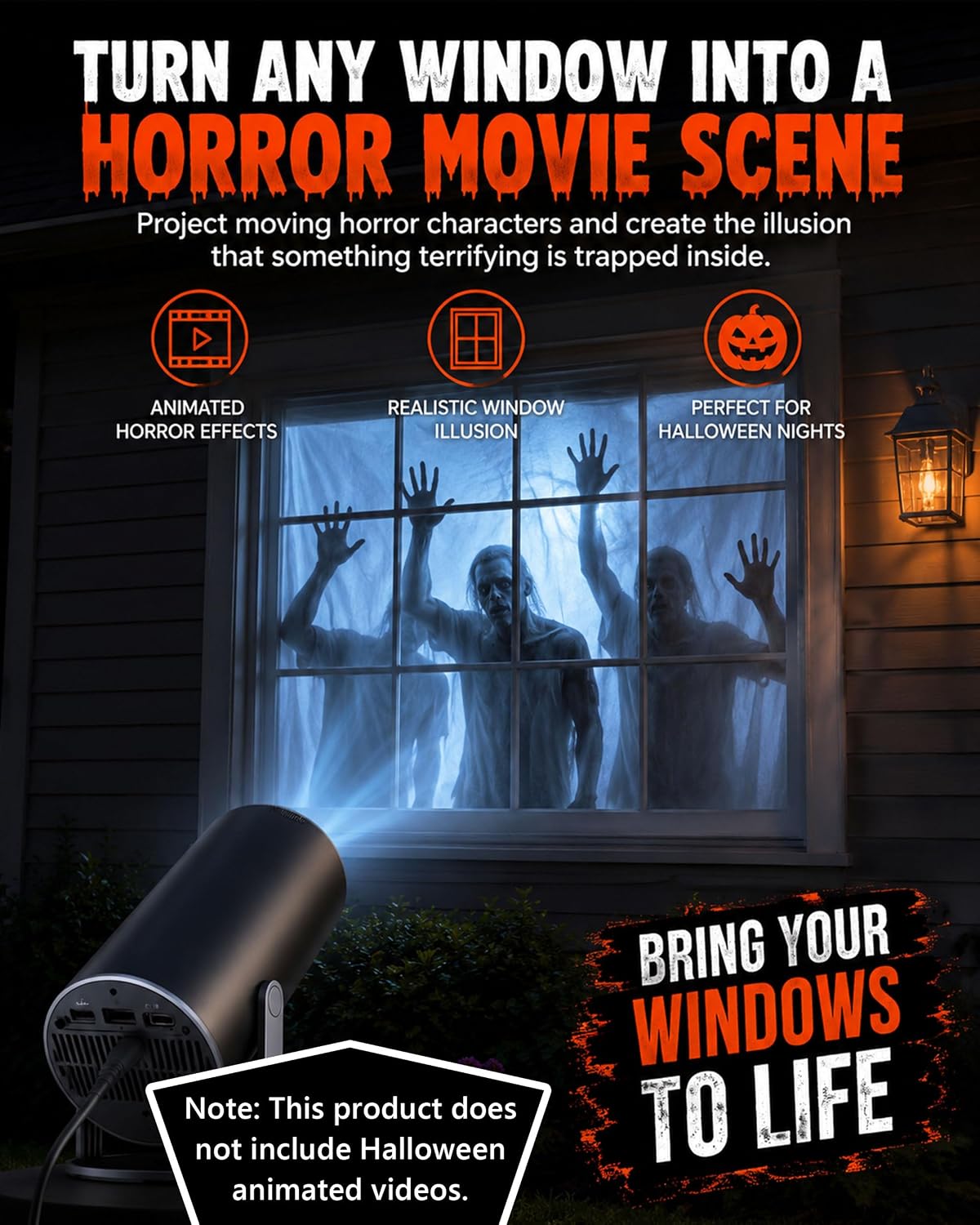 Scary Decorations Halloween Window Projector，White：With Effect fabric | Projects Animated Horror Window Scenes with Easy Setup, 210° Rotation, Built-In Speaker, And Auto Keystone Correction