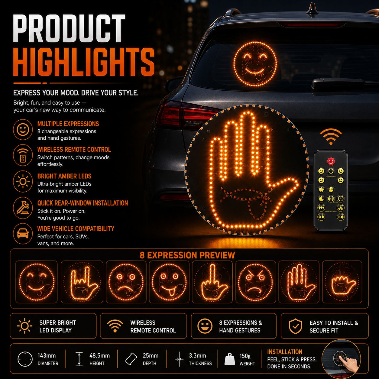 👋✨ Show Your Mood on the Road – Wireless LED Car Gesture Sign 🚗