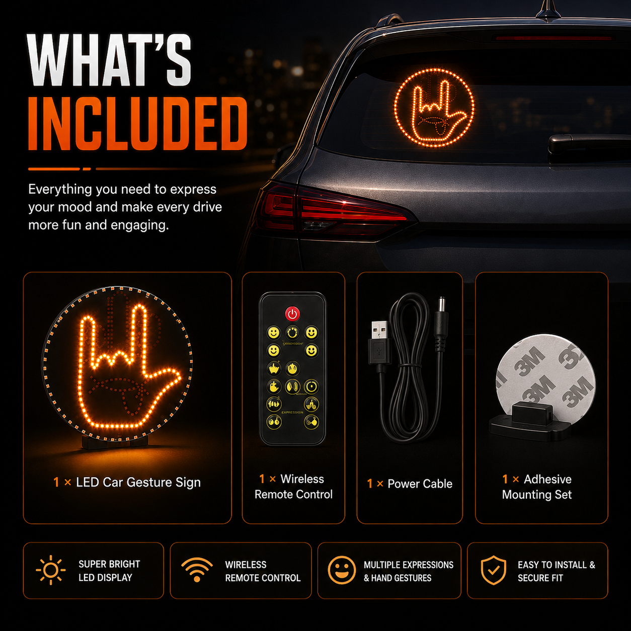 👋✨ Show Your Mood on the Road – Wireless LED Car Gesture Sign 🚗