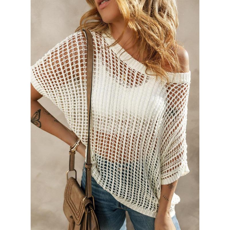 Summer Sale 49% OFF 🎁 Womens Summer Scoop Neck ShortSleeve Sweater Casual Crochet Hollow Out KnitTops