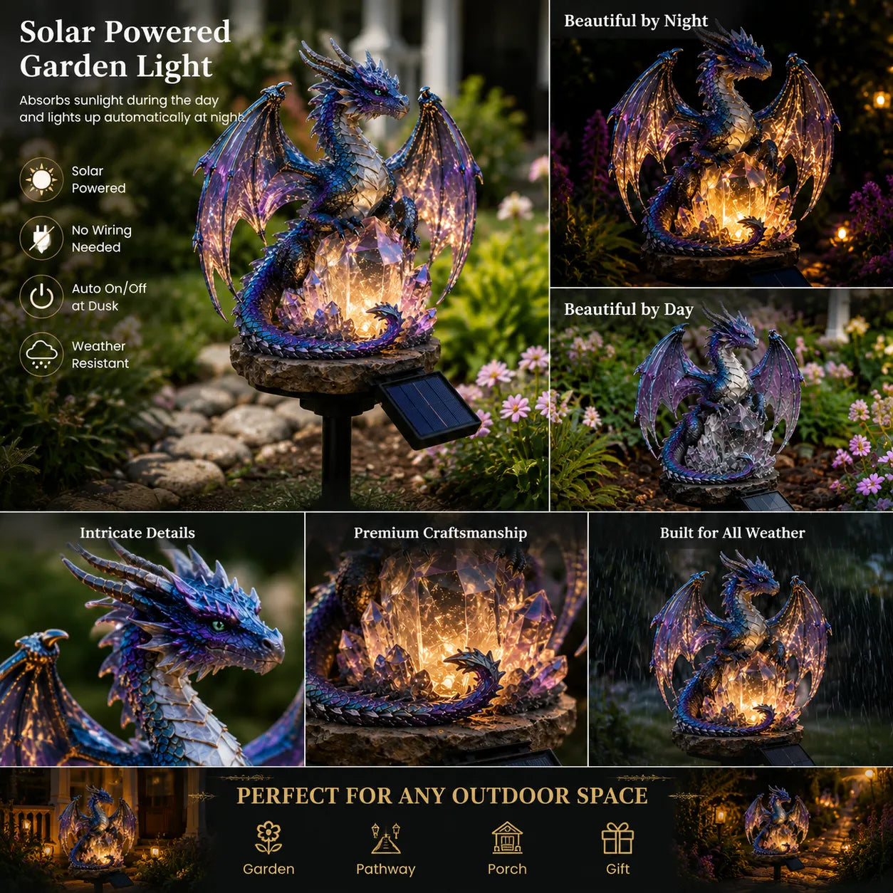 Solar Dragon Crystal Garden Light – Glowing Fantasy Outdoor Yard Decor with Solar Panel