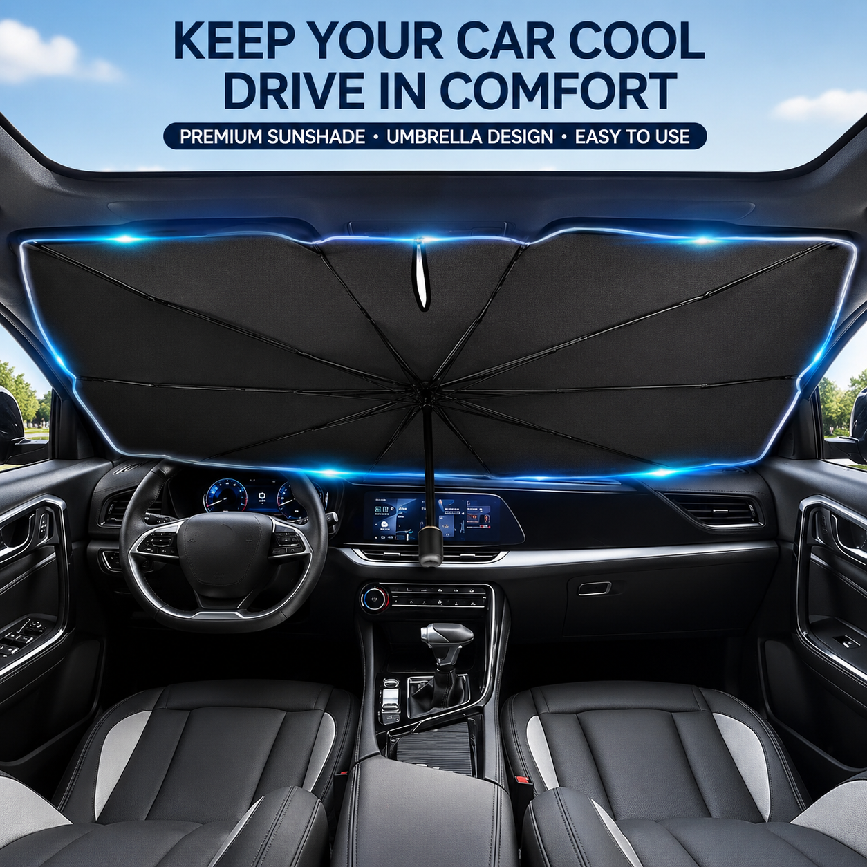 🔥Premium Titanium Silver Car Windshield Sun Shade Umbrella – Blocks Heat & Harsh Sunlight