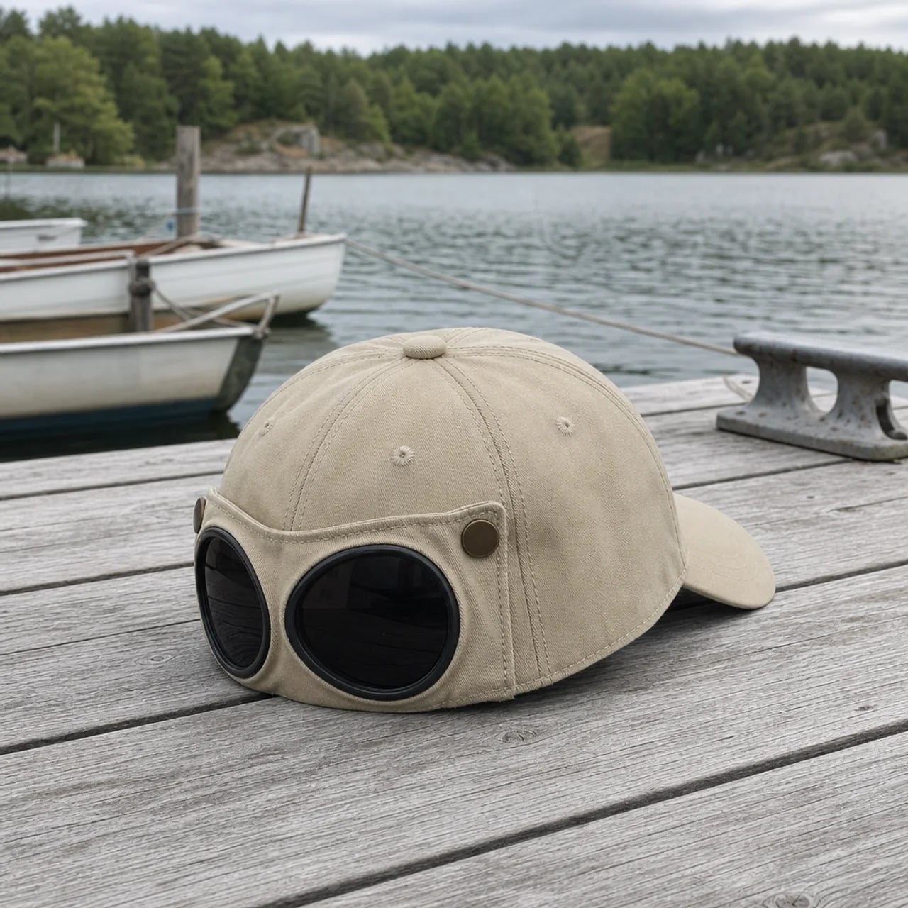 A beige aviator-style cap with large round dark sunglasses resting on its brim, placed on a weathered wooden dock with a lake, boats, and trees in the background.