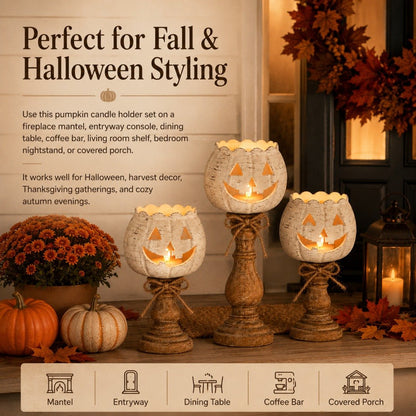 🎉Rustic White Pumpkin Tealight Candle Holder Set of 3