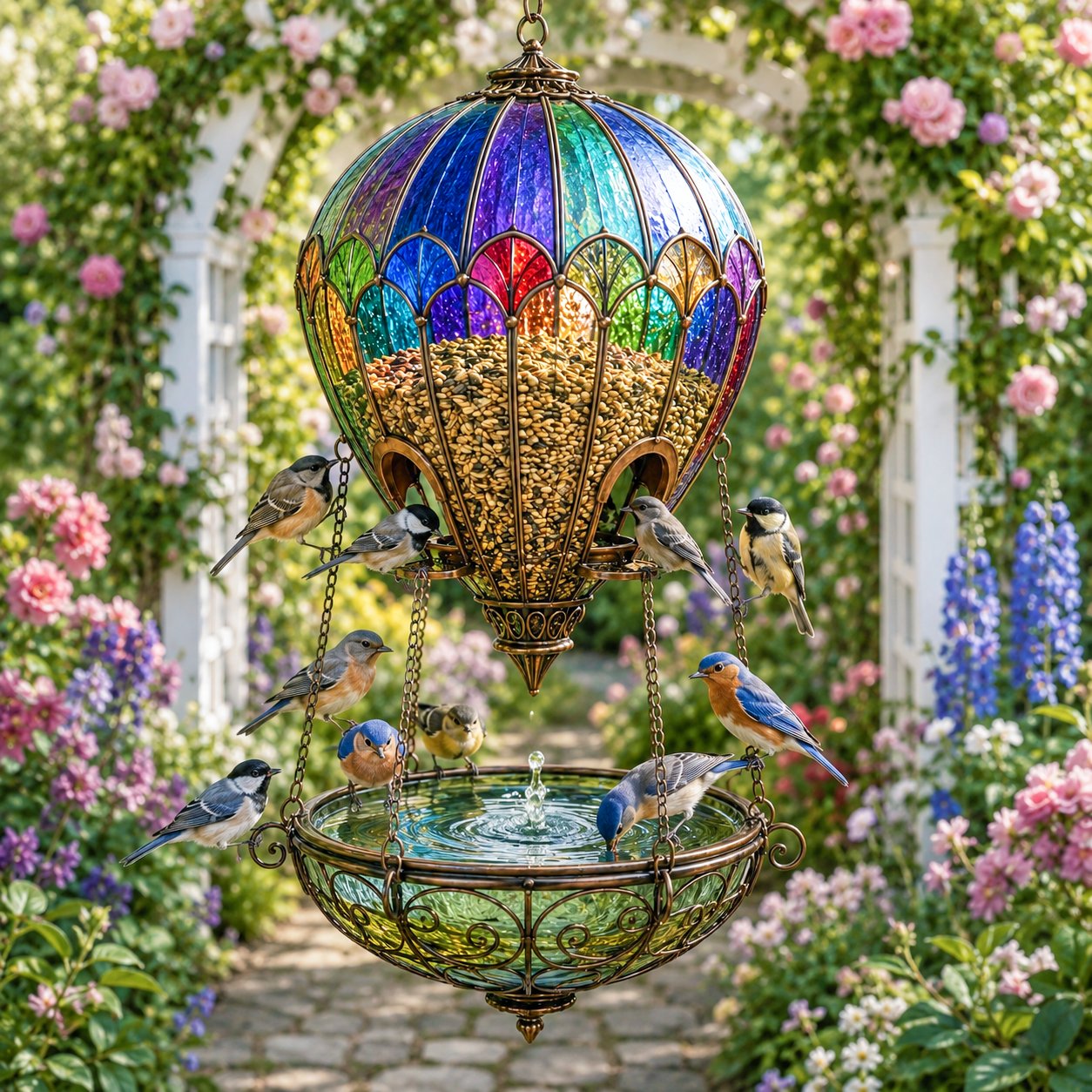 🌈 Garden in the Sky – Stained Glass Hot Air Balloon Bird Feeder🐦