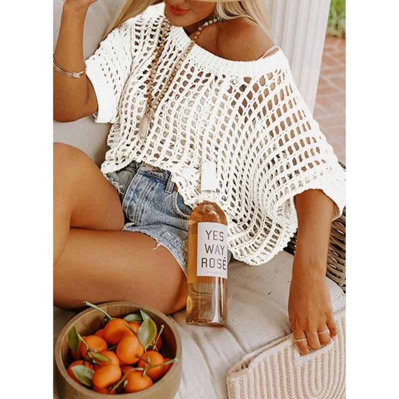 Summer Sale 49% OFF 🎁 Womens Summer Scoop Neck ShortSleeve Sweater Casual Crochet Hollow Out KnitTops