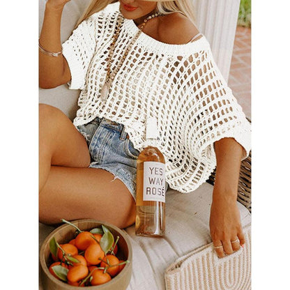 Summer Sale 49% OFF 🎁 Womens Summer Scoop Neck ShortSleeve Sweater Casual Crochet Hollow Out KnitTops
