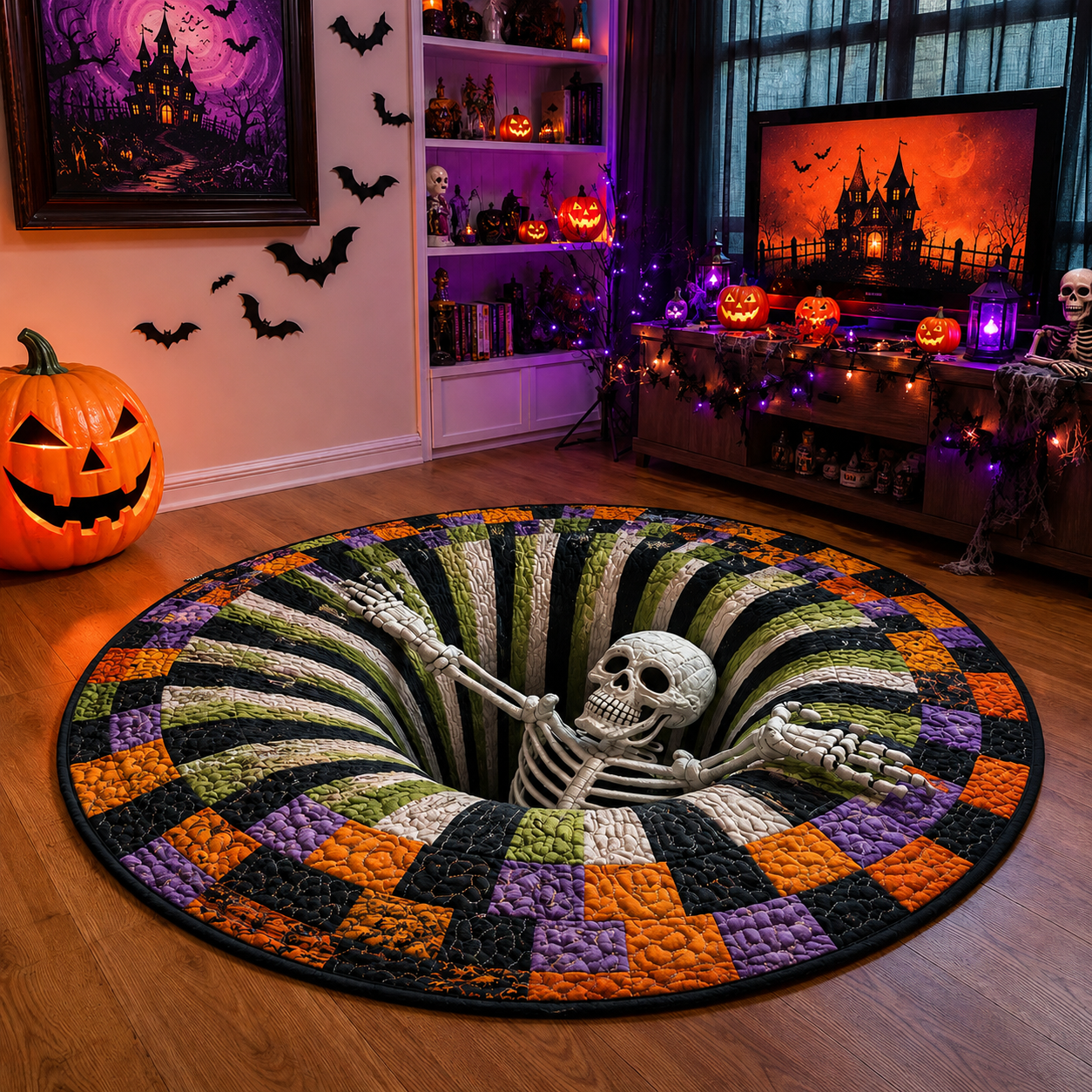 🔥 Limited Edition 🎃 3D Skeleton Optical Illusion Rug – Quilted Round Halloween Accent 👻