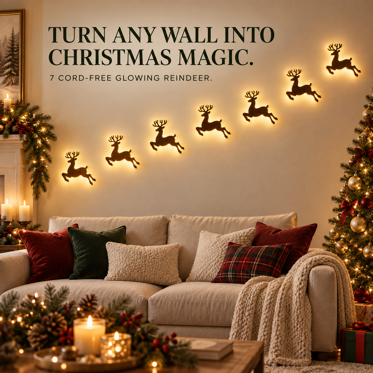 🦌 7-Piece LED Reindeer Wall Décor – Cordless Remote-Controlled Christmas Glow