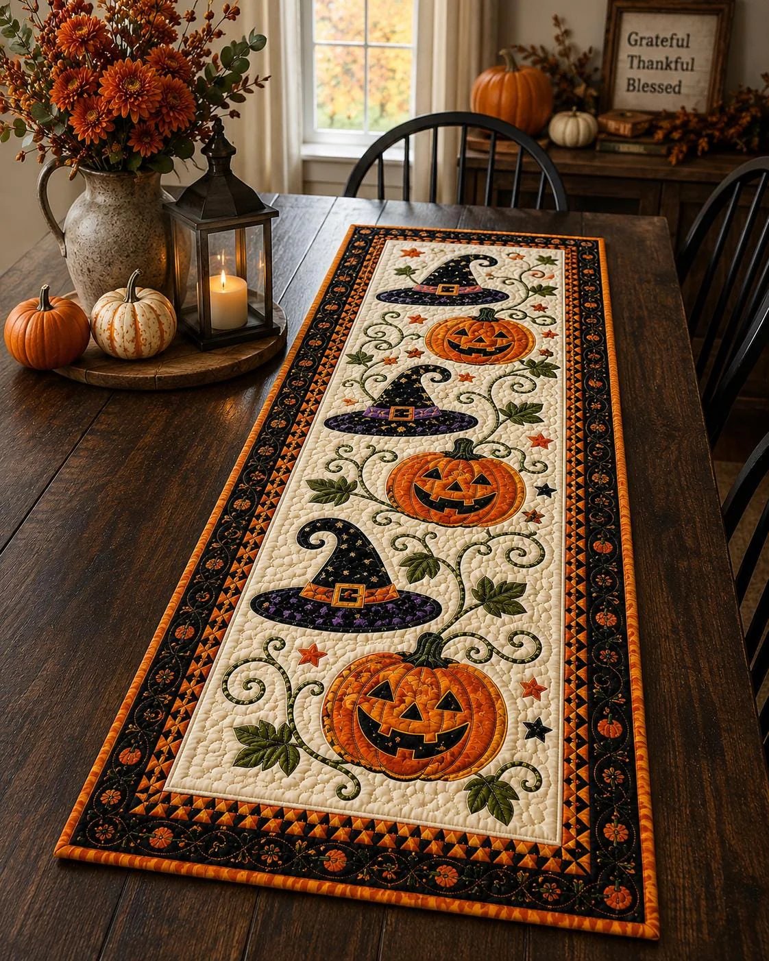 🎃🍂 Rustic Quilted Autumn Table Runner – Cozy Harvest Table Decor