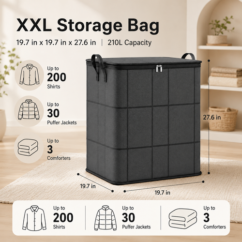 Large Foldable Zippered Storage Bin with Handles for Quilts and Bedding
