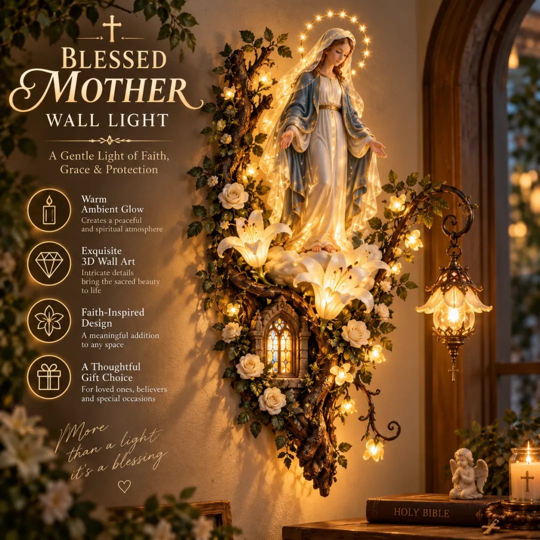 Blessed Mother lighted wall decor displayed with warm golden illumination