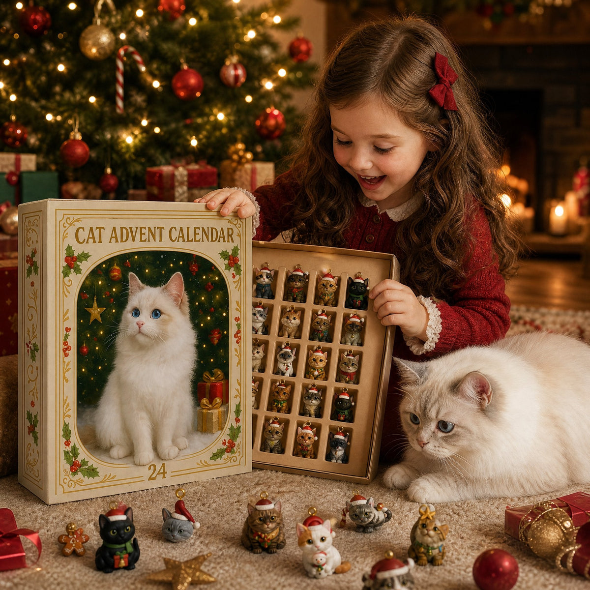 Child opening the Cat Advent Calendar at Christmas