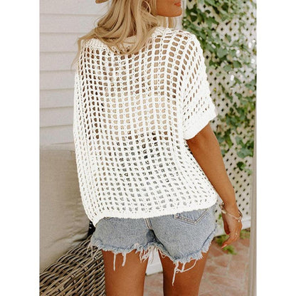 Summer Sale 49% OFF 🎁 Womens Summer Scoop Neck ShortSleeve Sweater Casual Crochet Hollow Out KnitTops