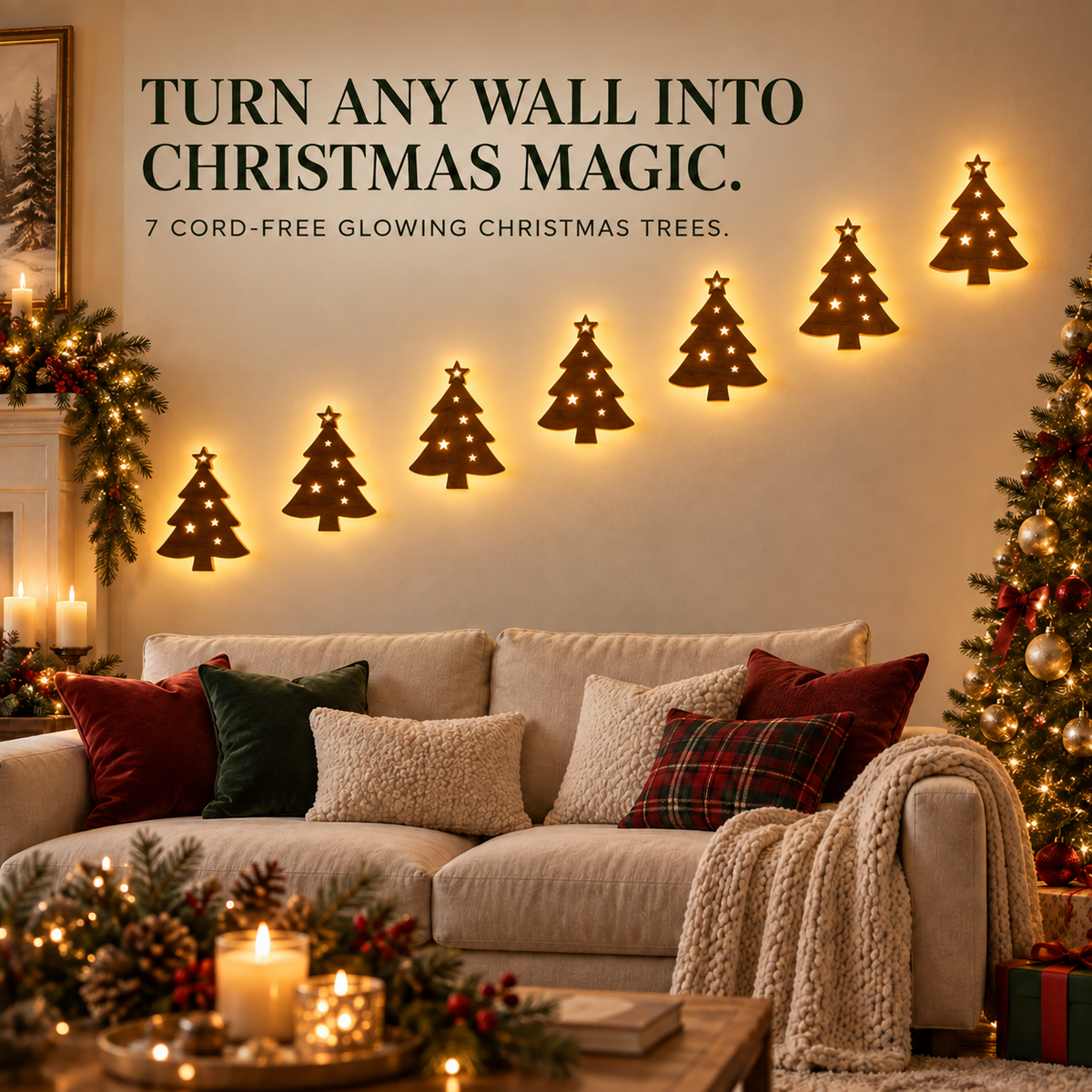 🦌 7-Piece LED Reindeer Wall Décor – Cordless Remote-Controlled Christmas Glow