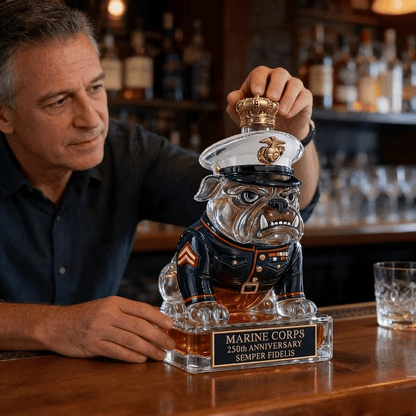 🔥 250 Years of Honor – Marine Devil Dog Commemorative Whiskey Decanter 🐶🎖️