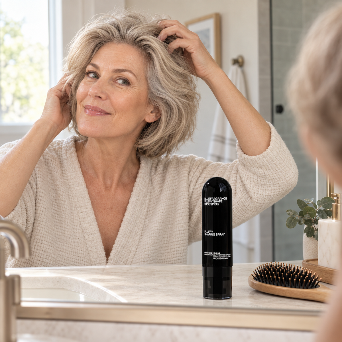 Fluffy Shaping Spray on a bathroom vanity during a mature woman hair routine