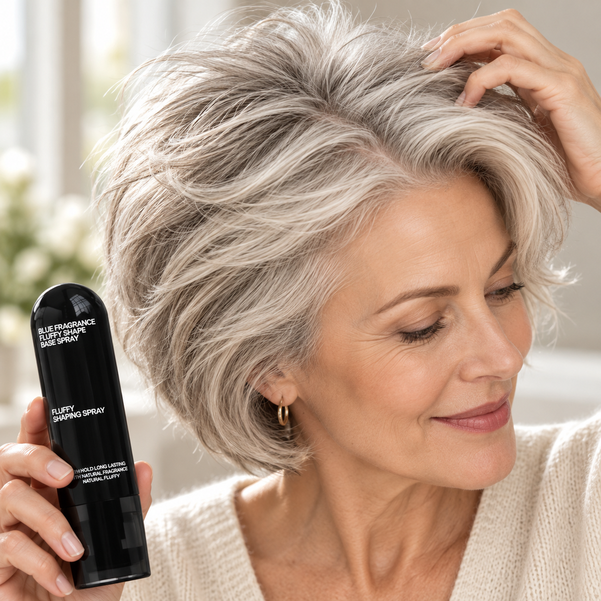 Close view of softly shaped silver-gray hair and Fluffy Shaping Spray