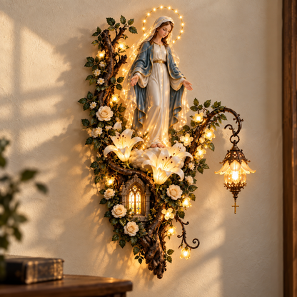 🙏✨ Blessed Mother Lighted Wall Décor | Virgin Mary 3D Religious Wall Art with Warm Ambient Glow