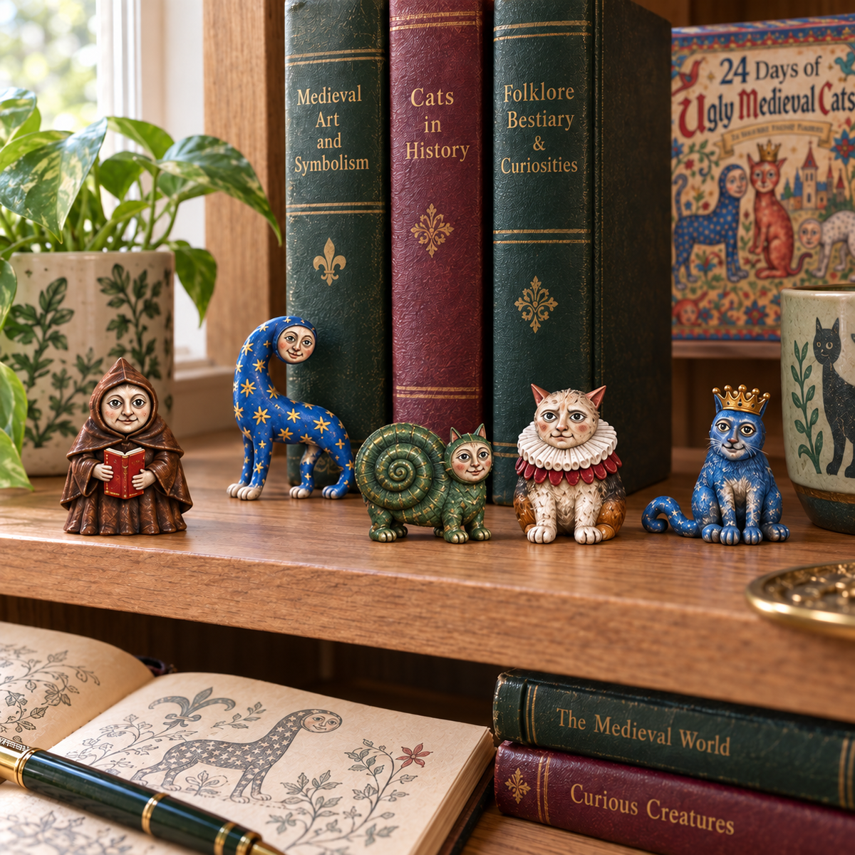 Medieval cat characters displayed on a bookshelf