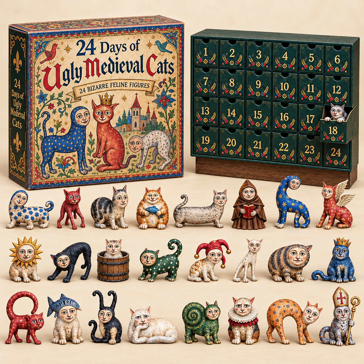 24 Days of Ugly Medieval Cats countdown calendar with cat characters
