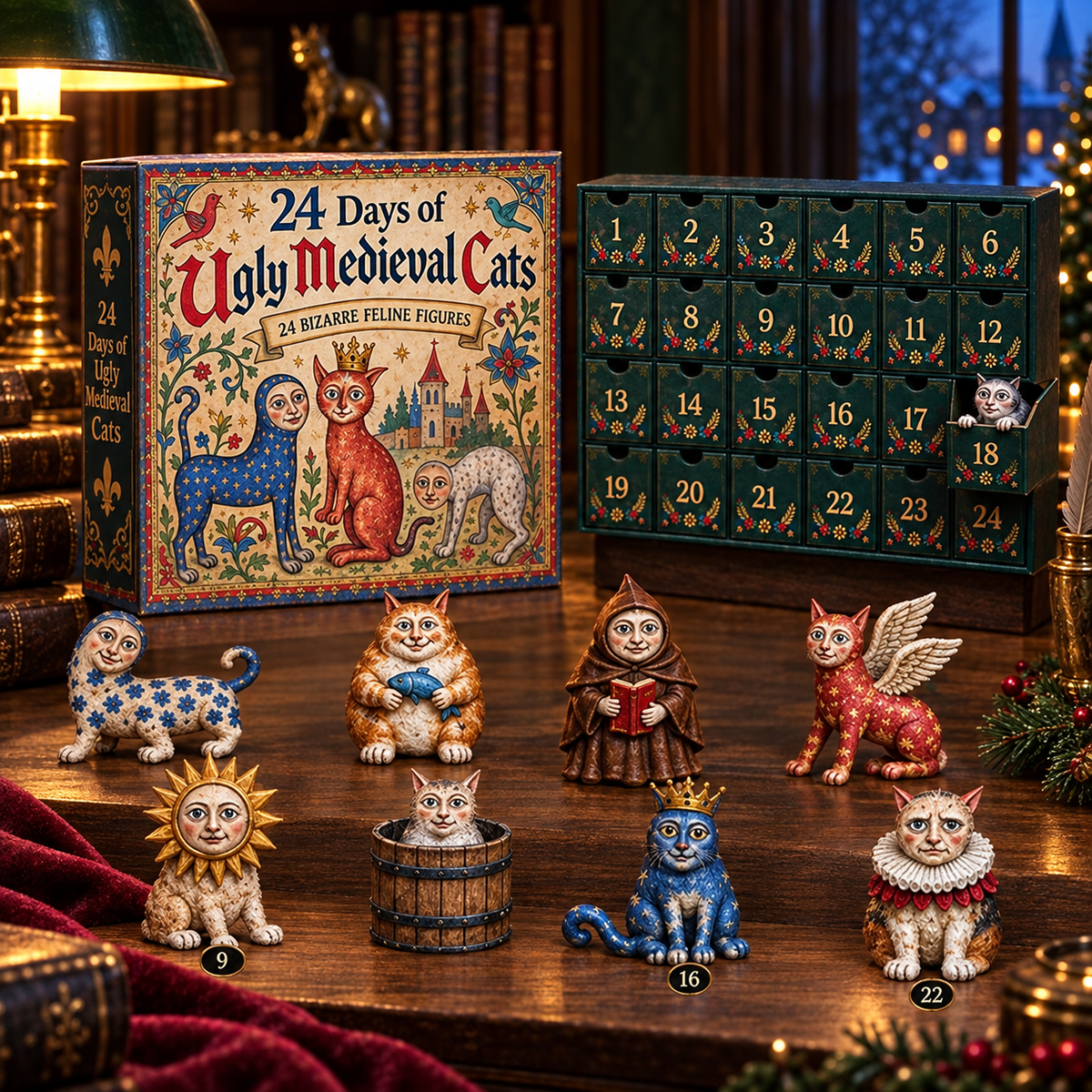 Ugly Medieval Cats advent calendar in a warm holiday library setting