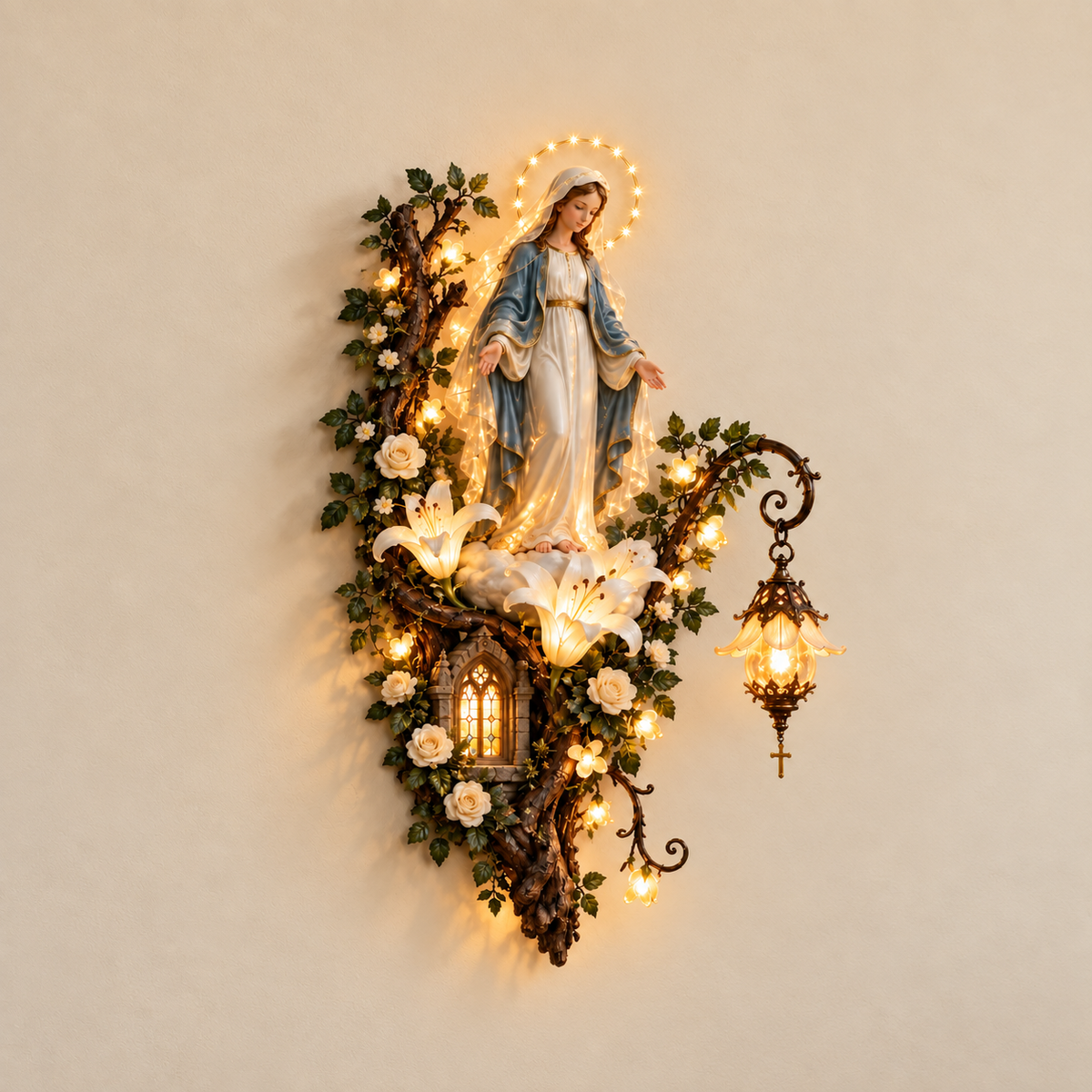 Full view of the Blessed Mother wall decoration illuminated against a light wall
