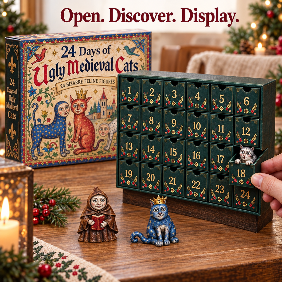 Hand opening a numbered compartment in the medieval cat calendar