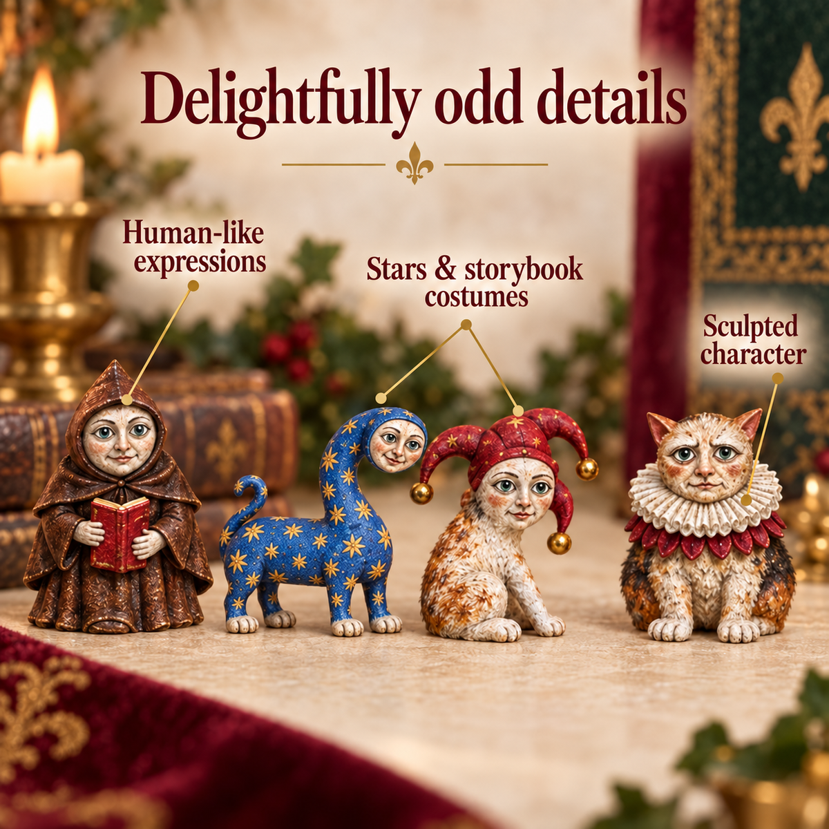 Close-up details of the unusual medieval cat characters
