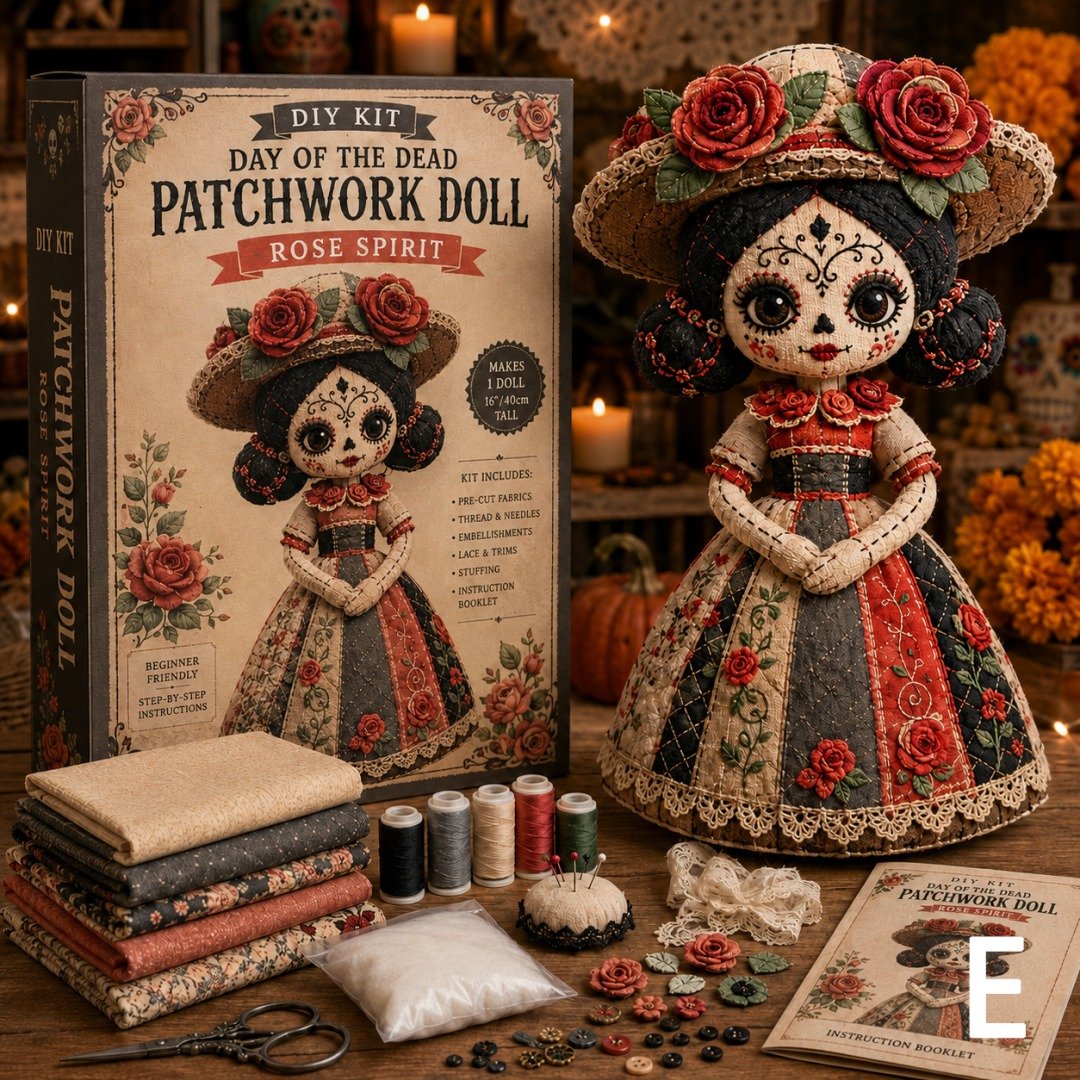 🔥 LAST DAY 50% OFF – Day of the Dead Patchwork Doll DIY Kit | Handmade Fabric Craft with Floral Details