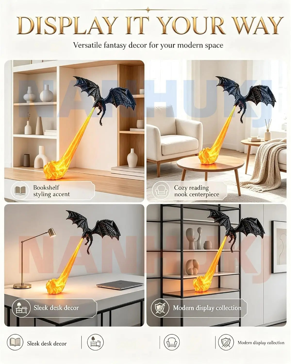 🐉🔥 Dragon Flame Book Nook – Mystical 3D Lighted Dragon Bookshelf Decor