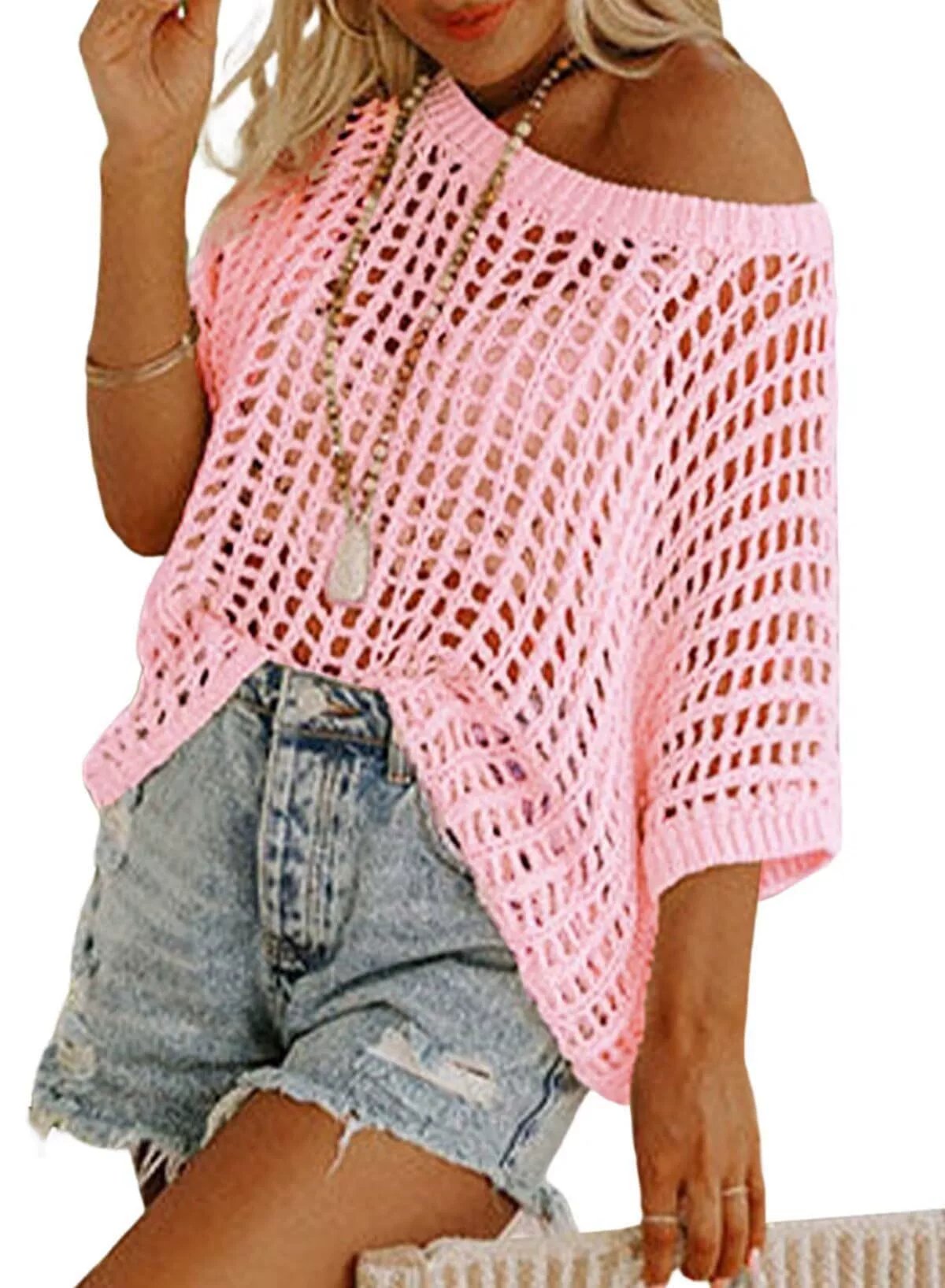 Summer Sale 49% OFF 🎁 Womens Summer Scoop Neck ShortSleeve Sweater Casual Crochet Hollow Out KnitTops