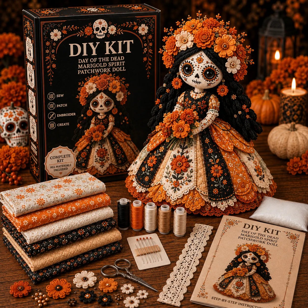🔥 LAST DAY 50% OFF – Day of the Dead Patchwork Doll DIY Kit | Handmade Fabric Craft with Floral Details