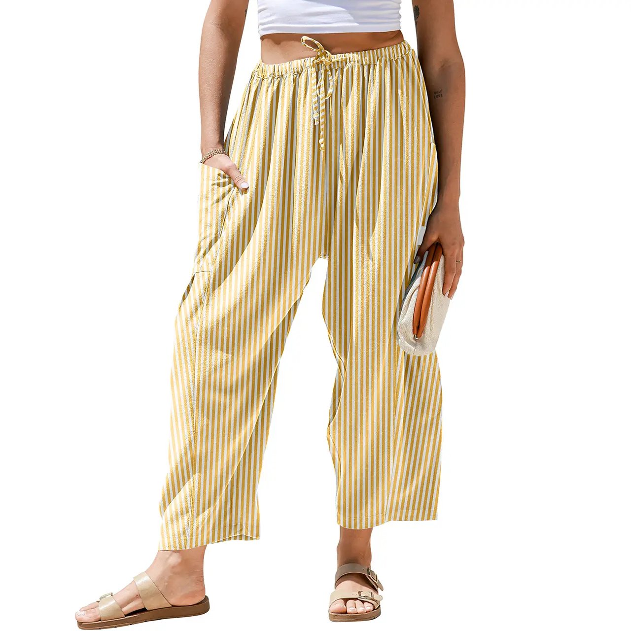 [SS26 Collection]TARSE Womens Wide Leg Gingham Striped Plaid Pants Casual Barrel Loose Drawstring Low Waist Palazzo Harem Pants with Pockets