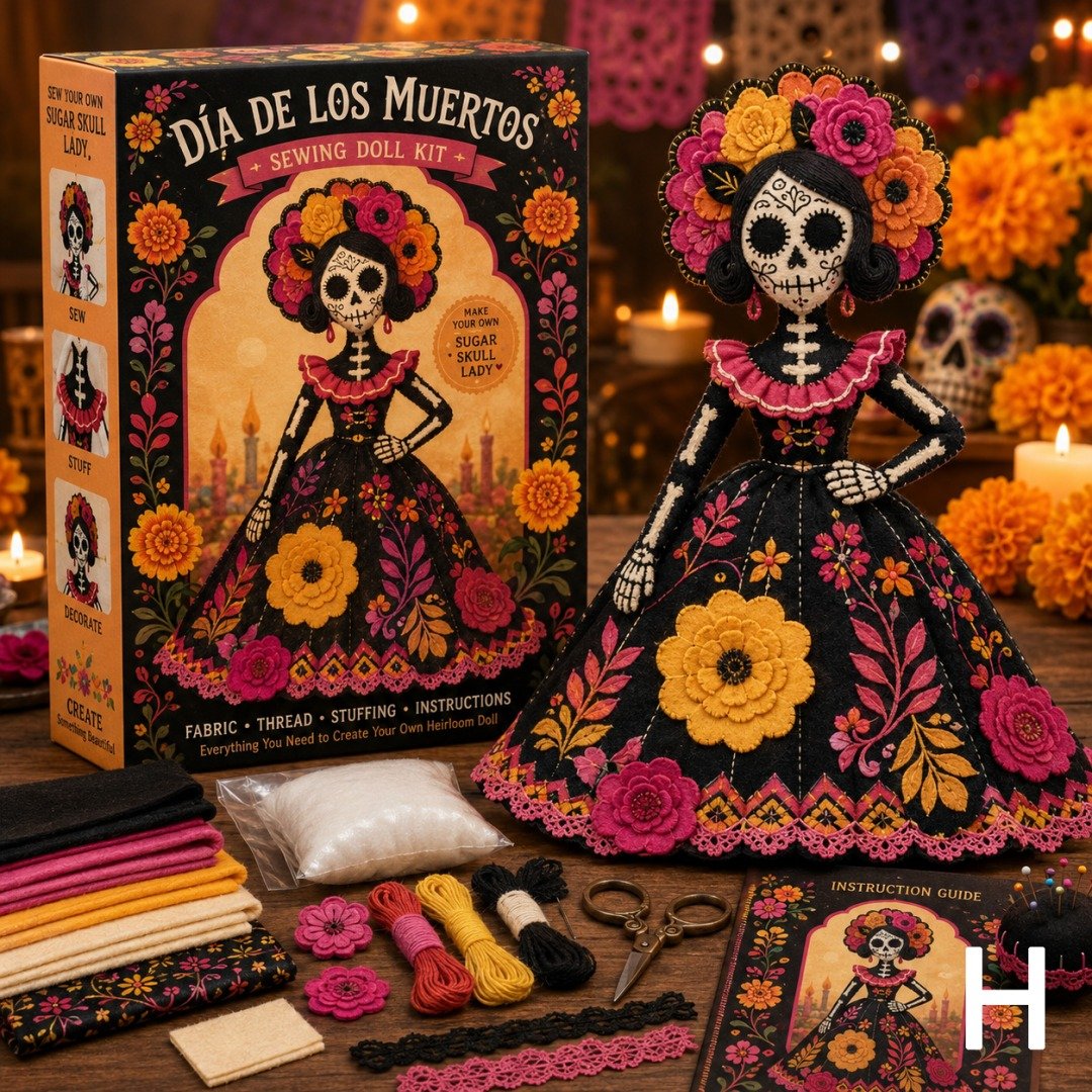 🔥 LAST DAY 50% OFF – Day of the Dead Patchwork Doll DIY Kit | Handmade Fabric Craft with Floral Details