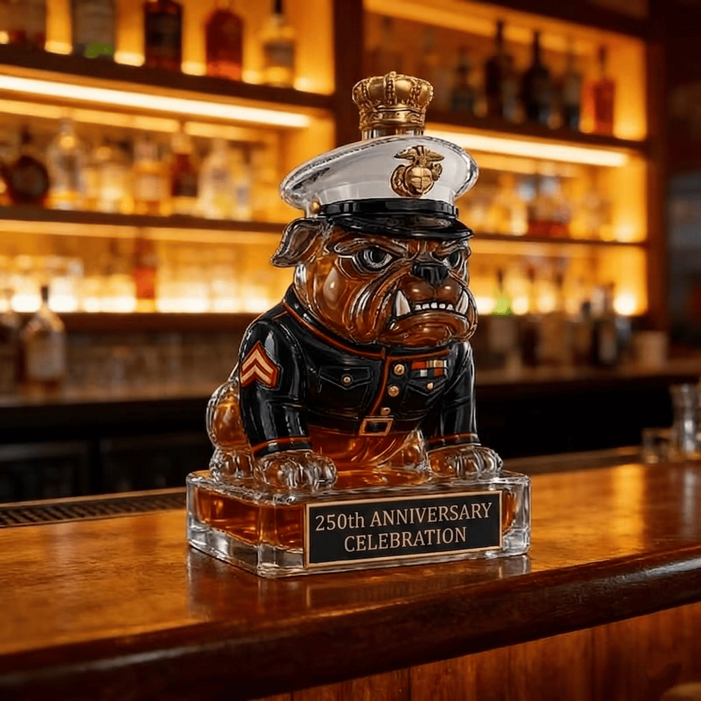 🔥 250 Years of Honor – Marine Devil Dog Commemorative Whiskey Decanter 🐶🎖️