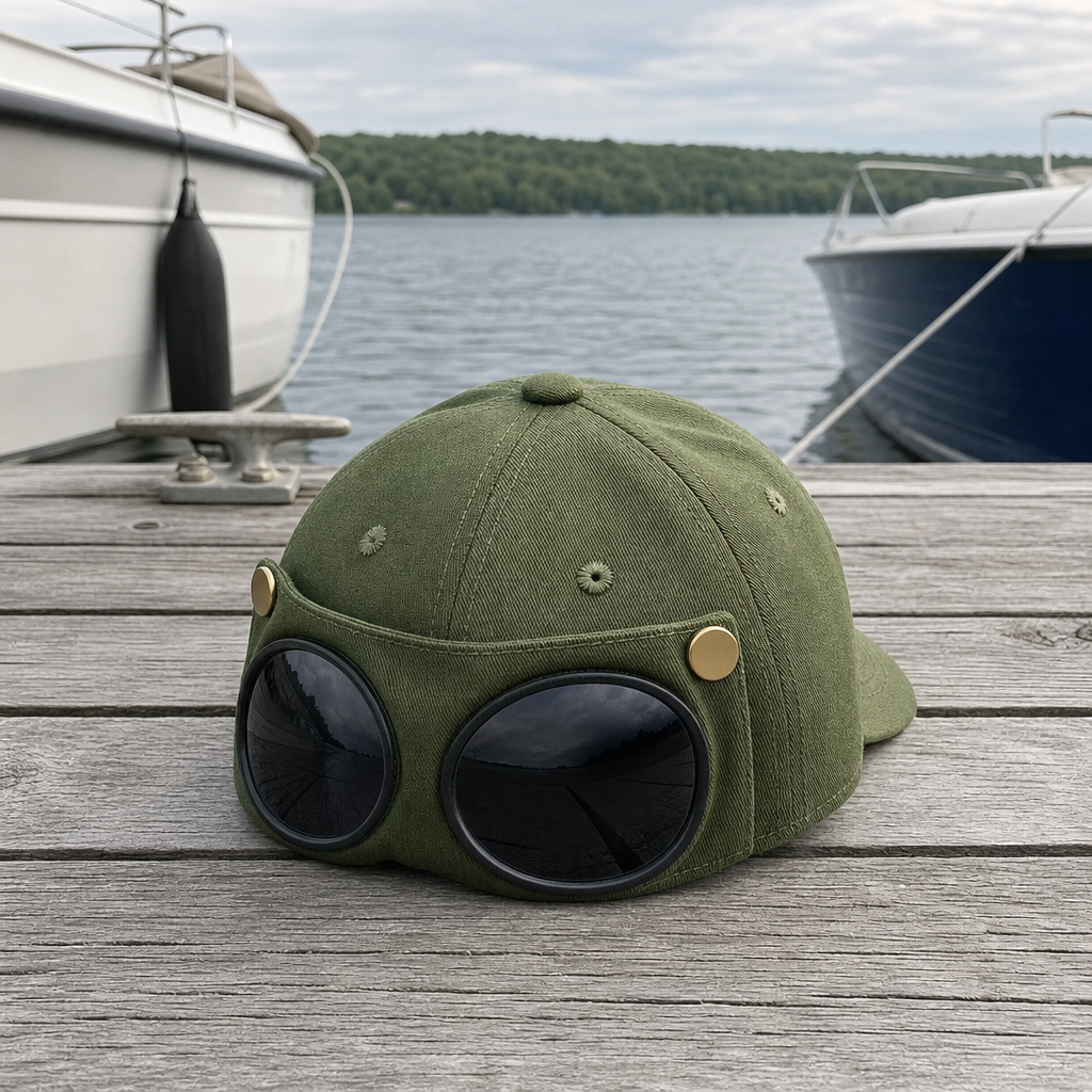An olive green aviator-style cap with large round black sunglasses attached on a weathered wooden dock, with boats and water in the background.