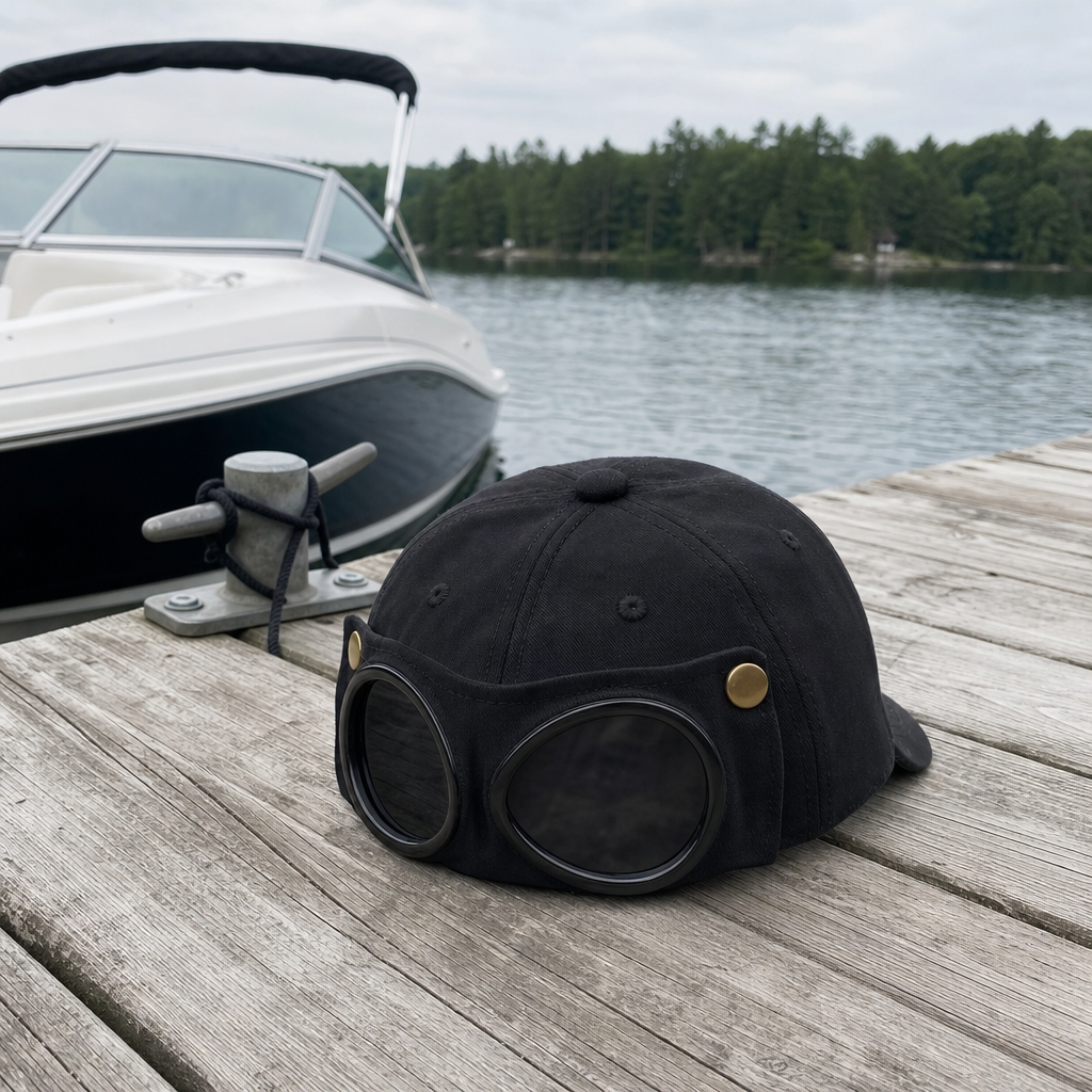 A black vintage-style aviator cap with round dark lenses and brass rivets sits on a weathered wooden dock, with a white boat and a tree-lined lake in the background.