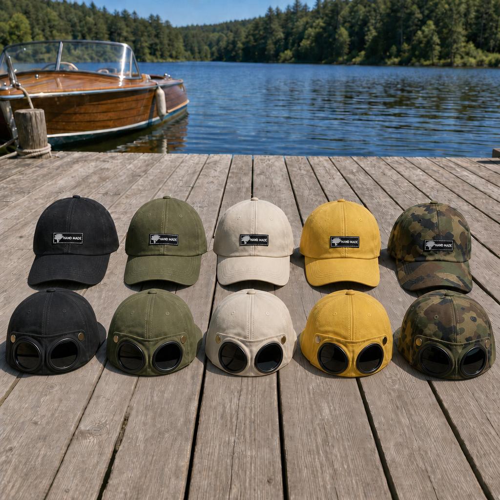 Eight aviator-style caps in various colors and camouflage patterns are lined up on a wooden dock with a lake and a wooden boat in the background. Each cap features a round black lens visor and a small rectangular embroidered patch on the front.