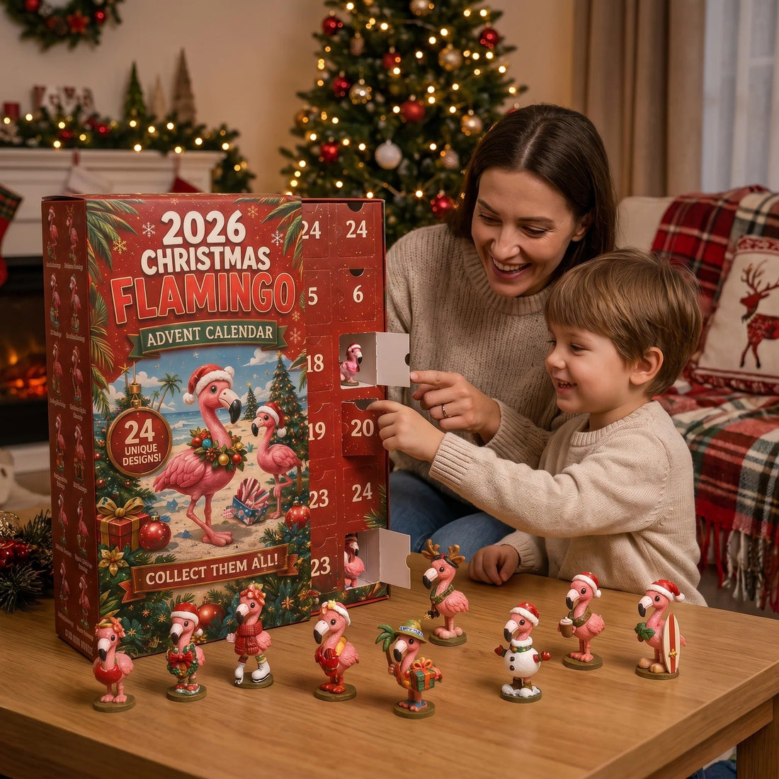 Festive flamingo figurine details and Christmas accessories