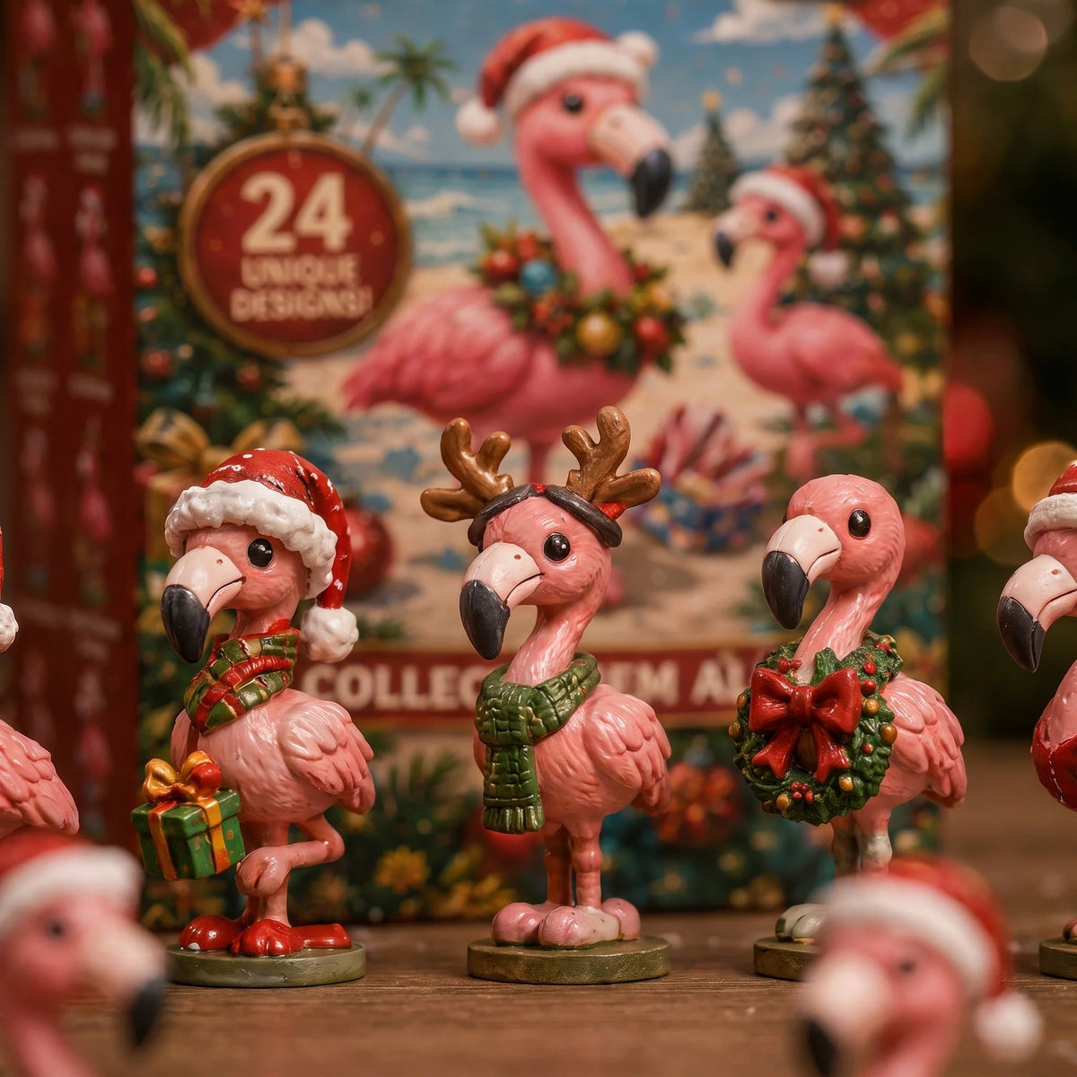 Festive flamingo figurines arranged in a tropical Christmas display